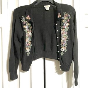 Yarnworks vintage beaded black knit ramie cotton cardigan sweater top size SMALL